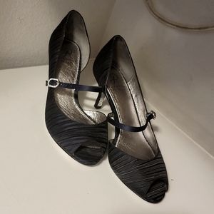 Navy peep toe with silver side buckle